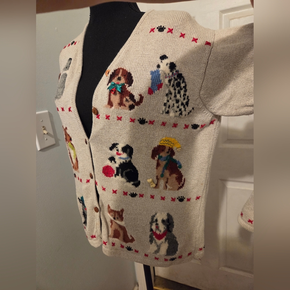 Marisa Christina Cream Cardigan Sweater with Multicolor Dog Motifs - Picture 5 of 8
